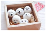 DIY kawaii diy kit featuring six felt rice balls with faces, nestled in straw.
