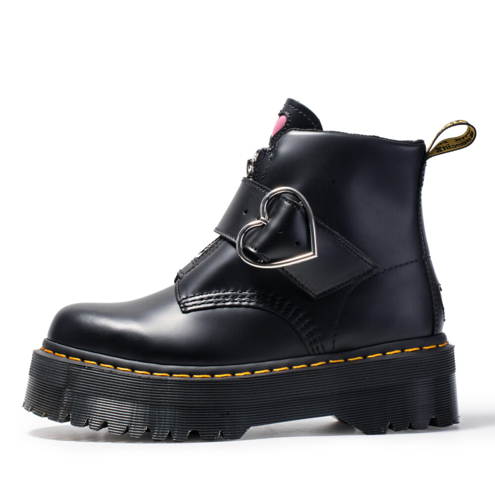 Black kawaii platform heart boots with a chunky sole and buckle detail. Kawaii Gothic Collection.