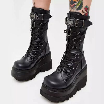 Y2K Punk Leather Platform Boots - Kawaii Gothic Collection