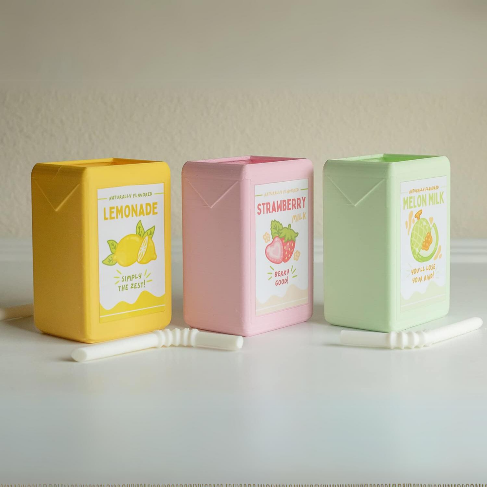 Kawaii juice box flowerpot set with strawberry, melon milk, and lemonade designs.