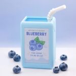 Kawaii juice box flowerpot, a blue resin container with blueberry design & straw.