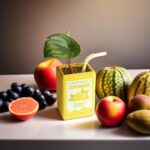 Kawaii juice box flowerpot with a resin flower and soil, surrounded by fruits.