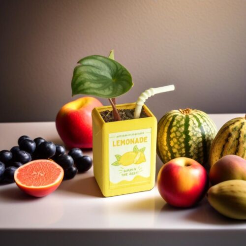 Kawaii juice box flowerpot with a resin flower and soil, surrounded by fruits.
