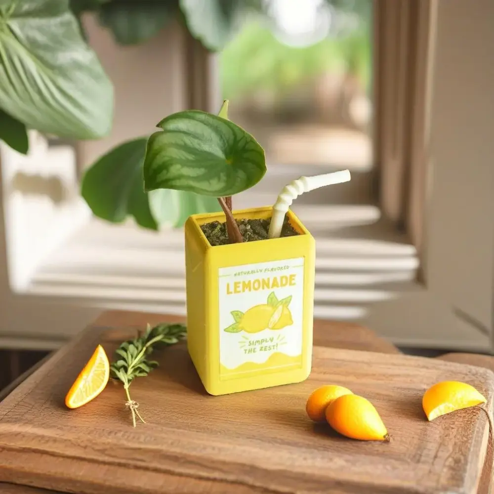 Kawaii juice box flowerpot filled with a green plant on a wooden surface.