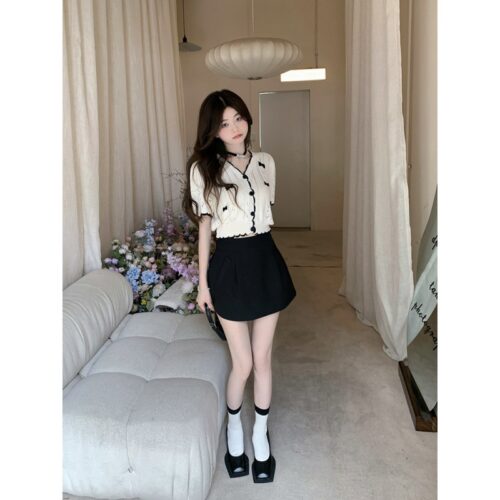 Korean Knitted Cardigan Top and Skirt