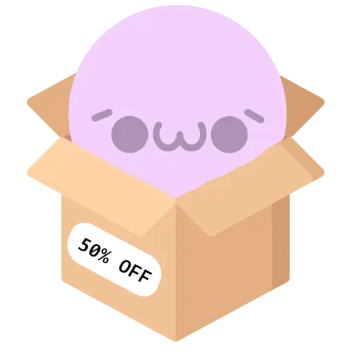 our cute purple character inside a box