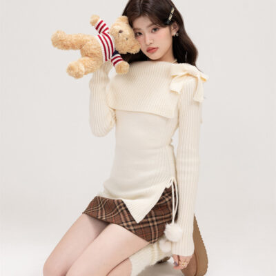 Off-shoulder Long-sleeved Sweater - Kawaii Aesthetic