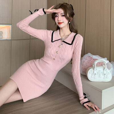 Korean-Style Knitted Dress - Vintage Aesthetic