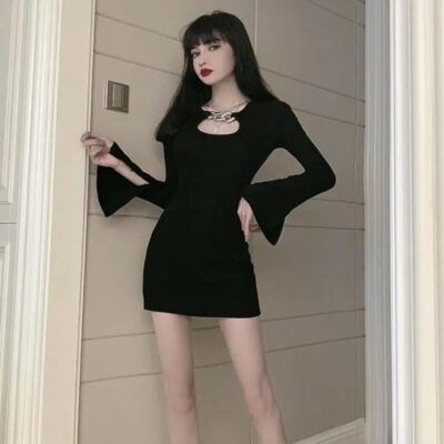 Slim-fit Flared Sleeves Dress - Gothic Aesthetic
