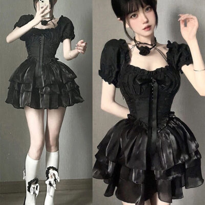 High-Waist Dark Lolita Dress - Gothic Aesthetic