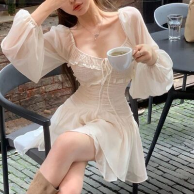 French-Style Bubble Sleeve Dress - Vintage Aesthetic