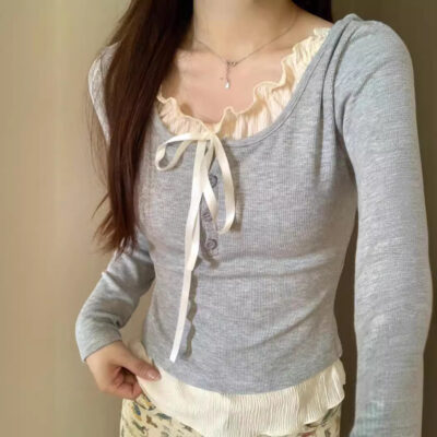 Knitted Bow Lace Sweatshirt - Vintage Aesthetic