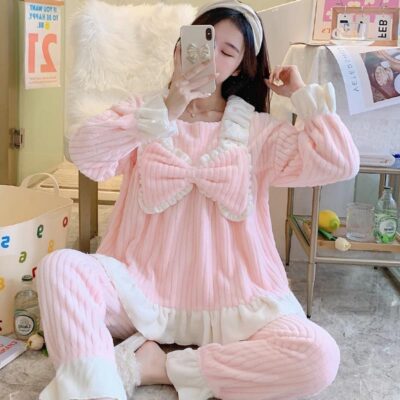 Lace Flannel Bow Homewear - Kawaii Clothes