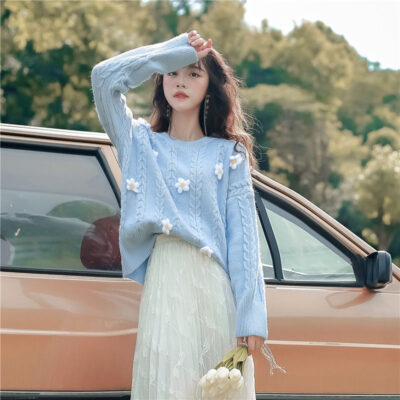 Flower Pullover Sweater - Korean Aesthetic