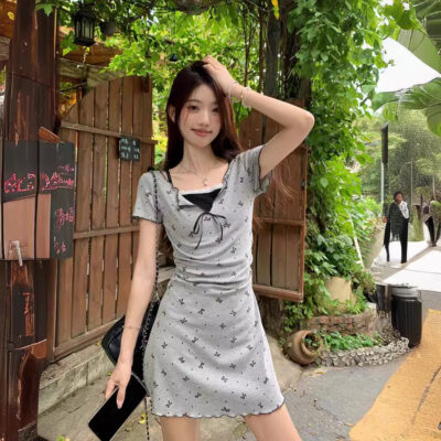 Bow Print Lace Dress - Korean Aesthetic