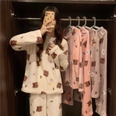 Bear Print Coral Pajamas Suit - Korean Aesthetic