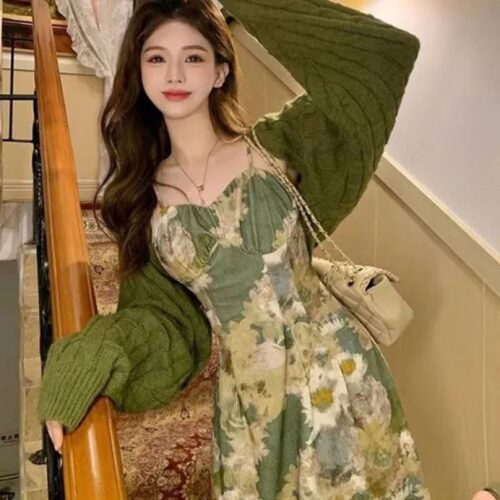 Floral Strap Dress Cardigan Set - Vintage Aesthetic