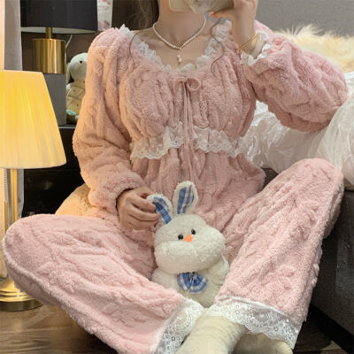 Flannel Lace Court Pajamas - Comfy Aesthetic