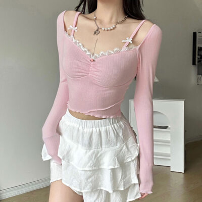 Laced Long Sleeved Top - Soft Girl Aesthetic