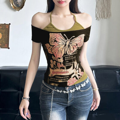 Butterfly Print Off-shoulder T-shirt - Y2K Aesthetic