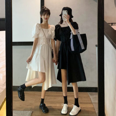Bubble Sleeve Irregular Dress - Korean Aesthetic