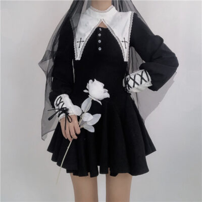 Dark Nun Short Dress - Gothic Aesthetic