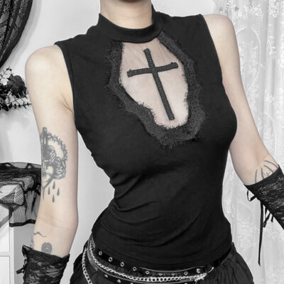 Cross Mesh Top - Gothic Aesthetic