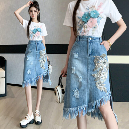 Long Denim Skirt - Y2K Aesthetic
