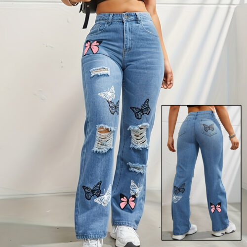 High Waist Butterfly Jeans - Y2K Aesthetic