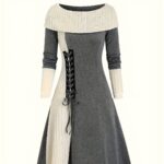 Color Contrast Medieval-Style Dress featuring a gray and white fabric with lace detailing and long sleeves.