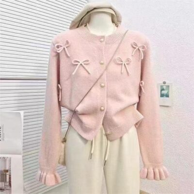 Bowed Fluffy Sweater - Korean Aesthetic