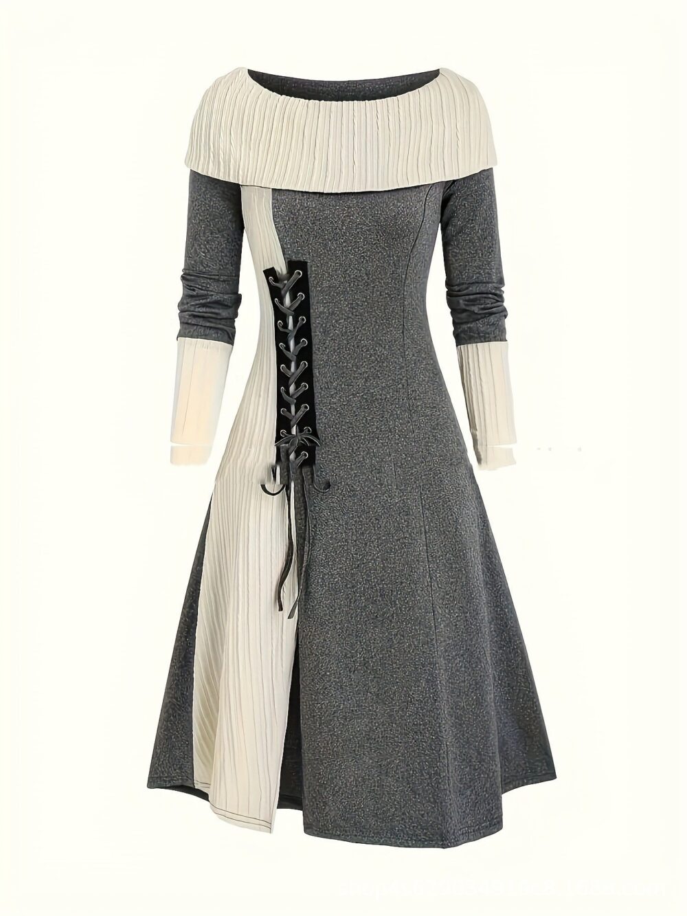 Color Contrast Medieval-Style Dress, gray and white fabric, long sleeves, lace-up details, off-the-shoulder neckline.