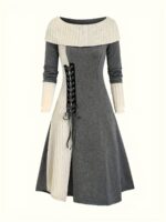Color Contrast Medieval-Style Dress, gray and white fabric, long sleeves, lace-up details, off-the-shoulder neckline.