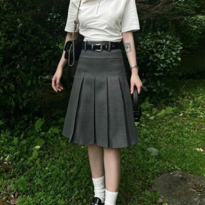 High Waist Pleated Skirt - Korean Aesthetic