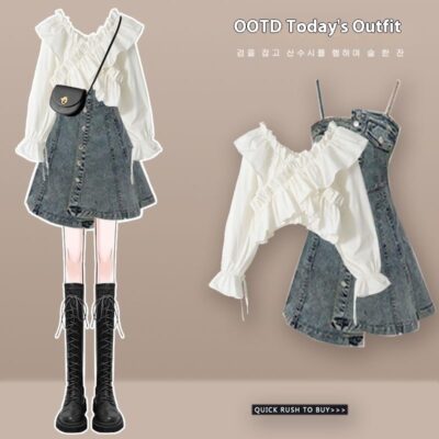 Blouse Suspender Skirt Two-piece Set - Korean Aesthetic