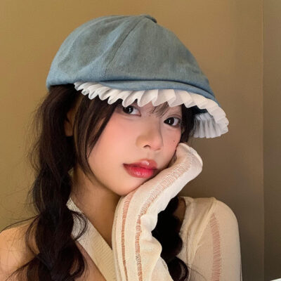 Denim Pleated Beret - Korean Aesthetic