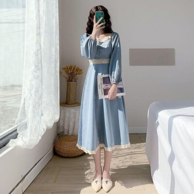 Retro Square Collar Dress - French Aesthetic