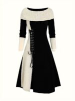 Black and white color contrast medieval aesthetic dress with long sleeves and lacing details.