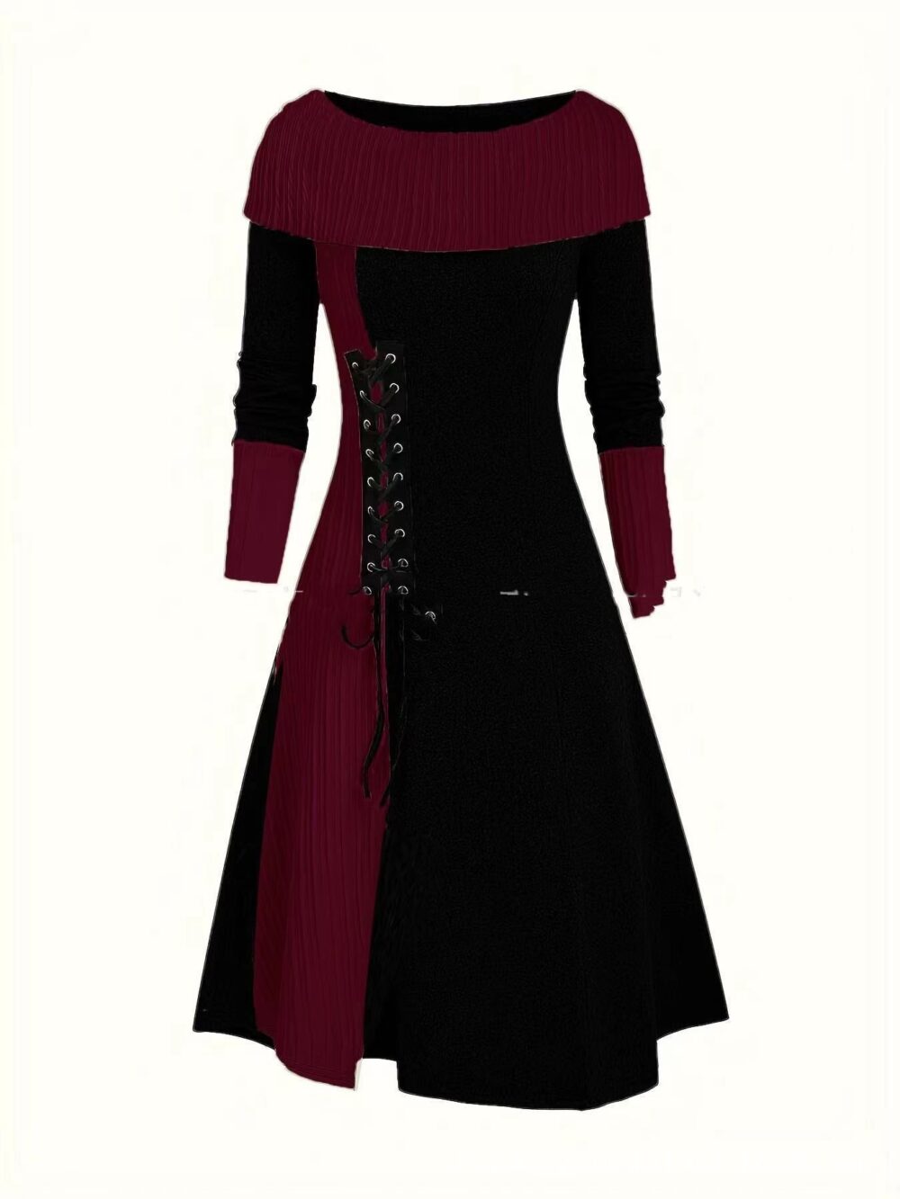 Color contrast medieval aesthetic dress with long sleeves and lace-up bodice.