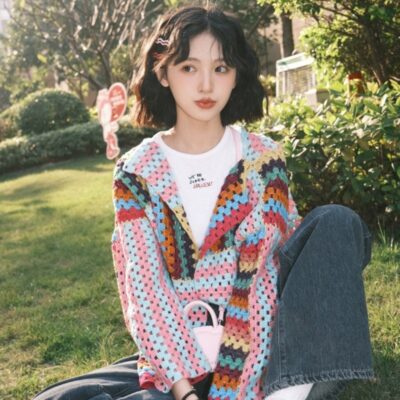 Retro Colorful Knitted Cardigan - Vintage Aesthetic