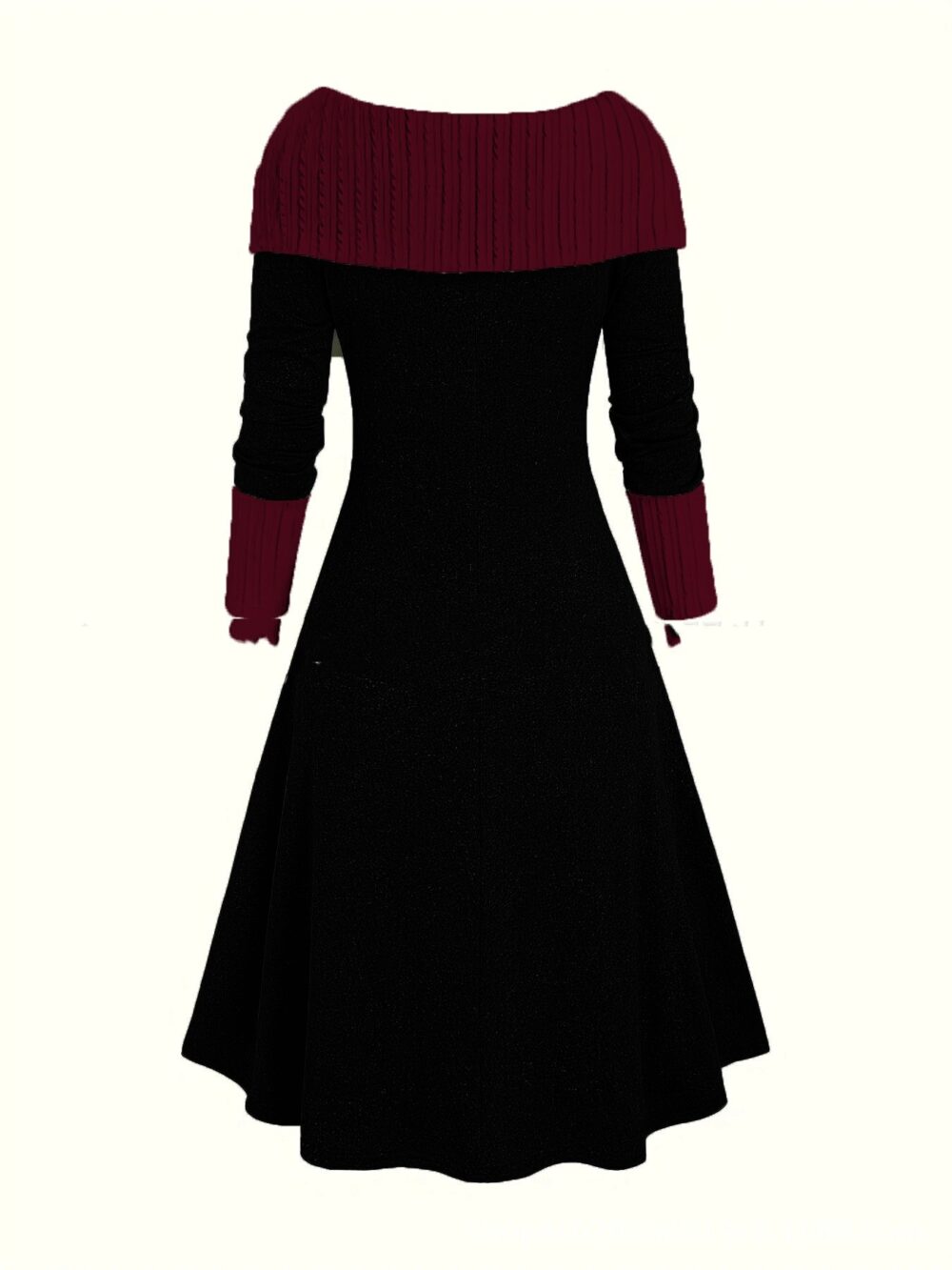 Black and maroon Color Contrast Medieval-Style Dress with long sleeves and a fitted bodice.