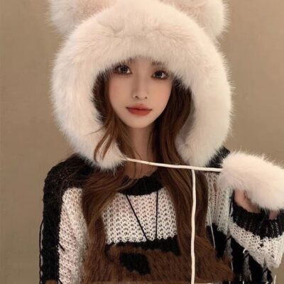 Thick Fluffy Bear Ears Hat - Kawaii Winter