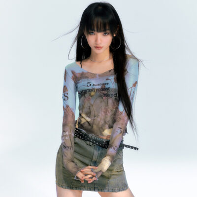Oil Paint Mesh Print Top - Artsy Aesthetic