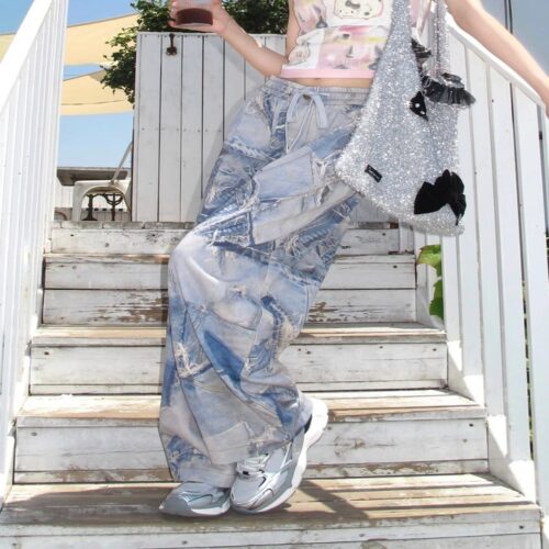 Vintage Artsy Patched Denim Loose Pants