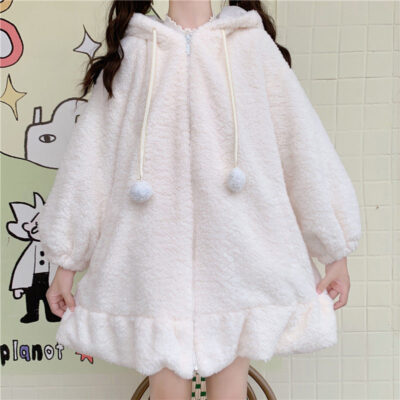 Fluffy Bunny Ears Hooded Coat - Kawaii Winter