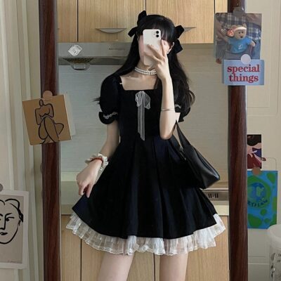 Black Waist Puffy Dress - Dark Kawaii Aesthetic