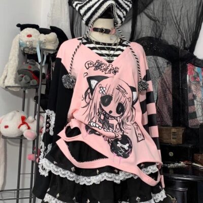 Harajuku Long-Sleeved Stripped Shirt - Yami Kawaii Aesthetic