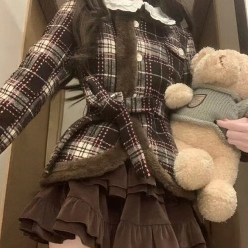 Retro Plaid Plush Set - Vintage Kawaii