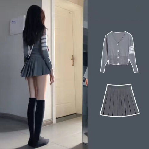 Matching Sweater Skirt Grey Set - Korean Aesthetic