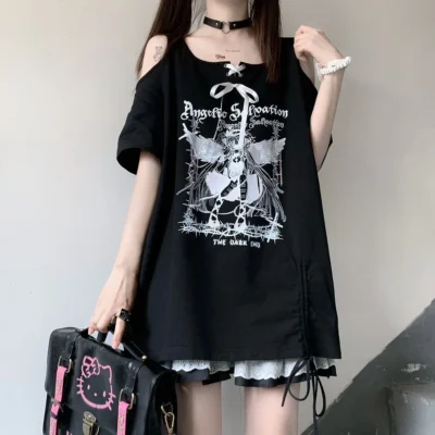 Dark Angel Oversized Tee - Gothic Lolita Aesthetic